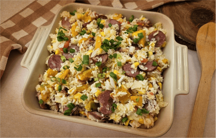 Arroz com abóbora e calabresa